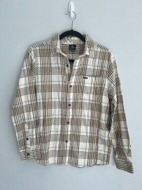 Volcom Boys XL NWT Caden Plaid Flannel Shirt Cream Tan Long Sleeve New